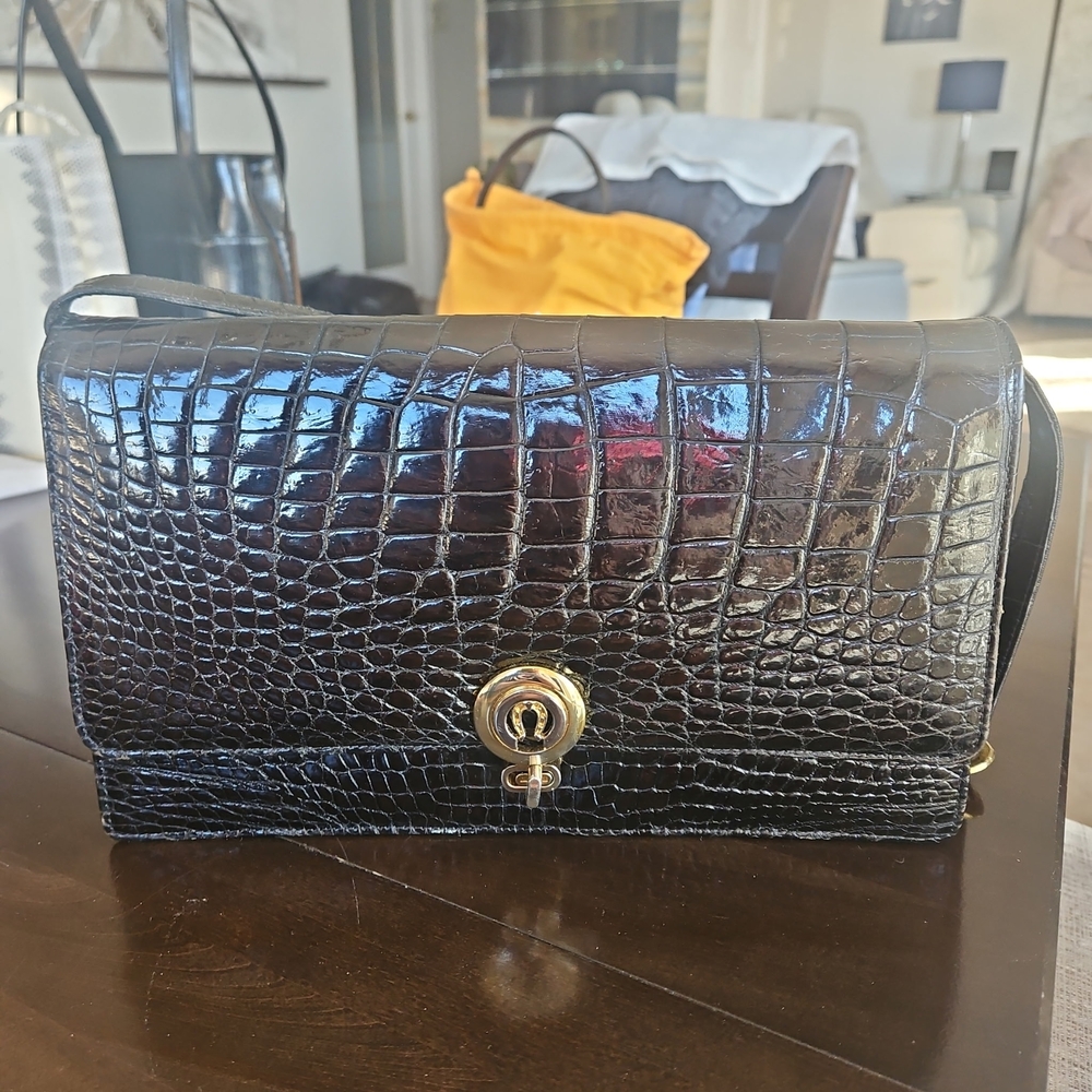 Black Crocodile Embossed Leather Shoulder Bag